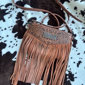 Wrangler Tan Floral Crossbody Bag with Fringe